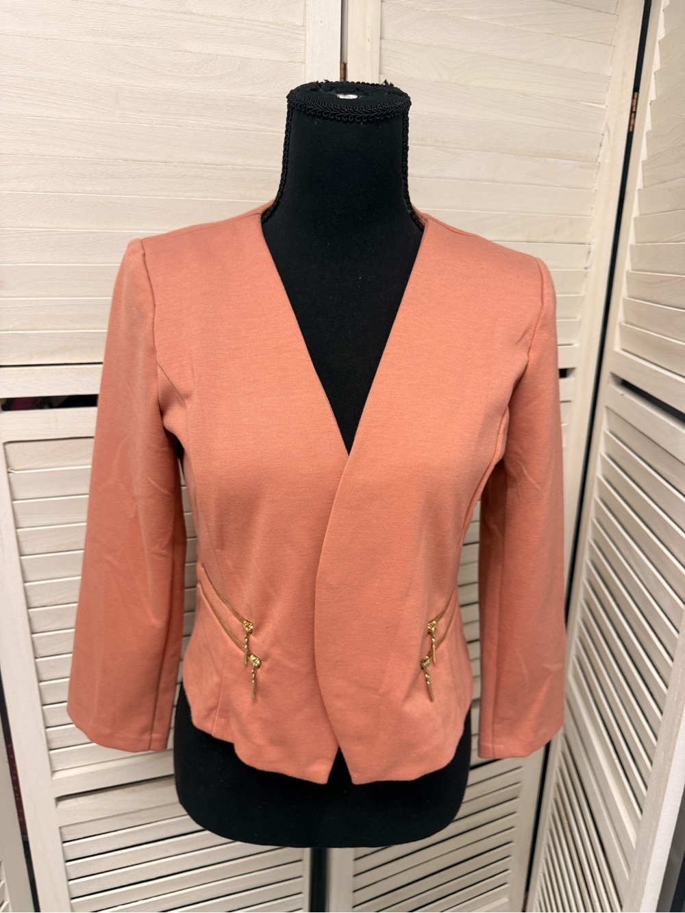Have Coral/Mauve Open-Front Blazer with Gold Zip Accents